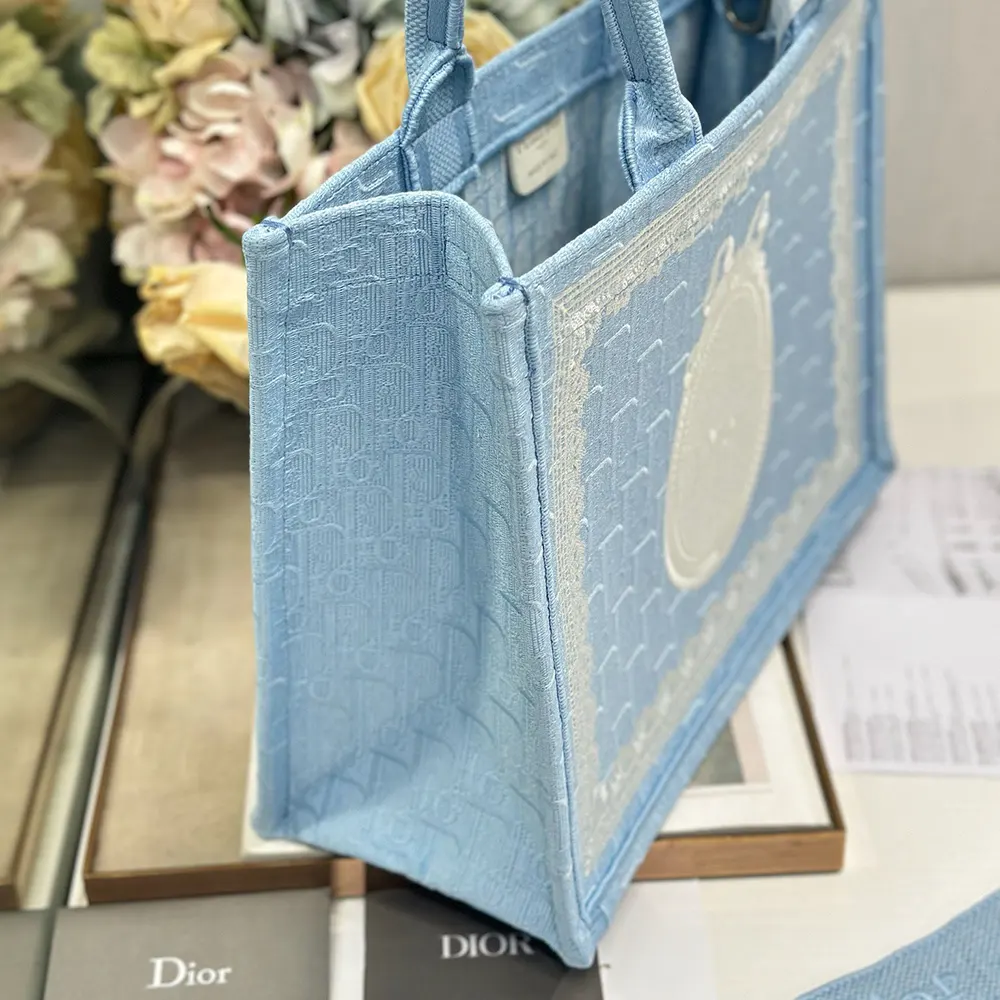 Dior Women Medium Dior Book Tote with Strap Blue Dior Oblique Embroidery with White Lace and Dior Médaillon - image 6