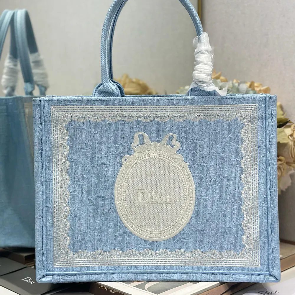Dior Women Medium Dior Book Tote with Strap Blue Dior Oblique Embroidery with White Lace and Dior Médaillon - image 4