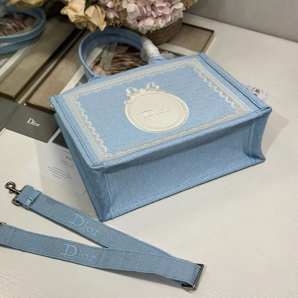 Dior Women Medium Dior Book Tote with Strap Blue Dior Oblique Embroidery with White Lace and Dior Médaillon - image 5