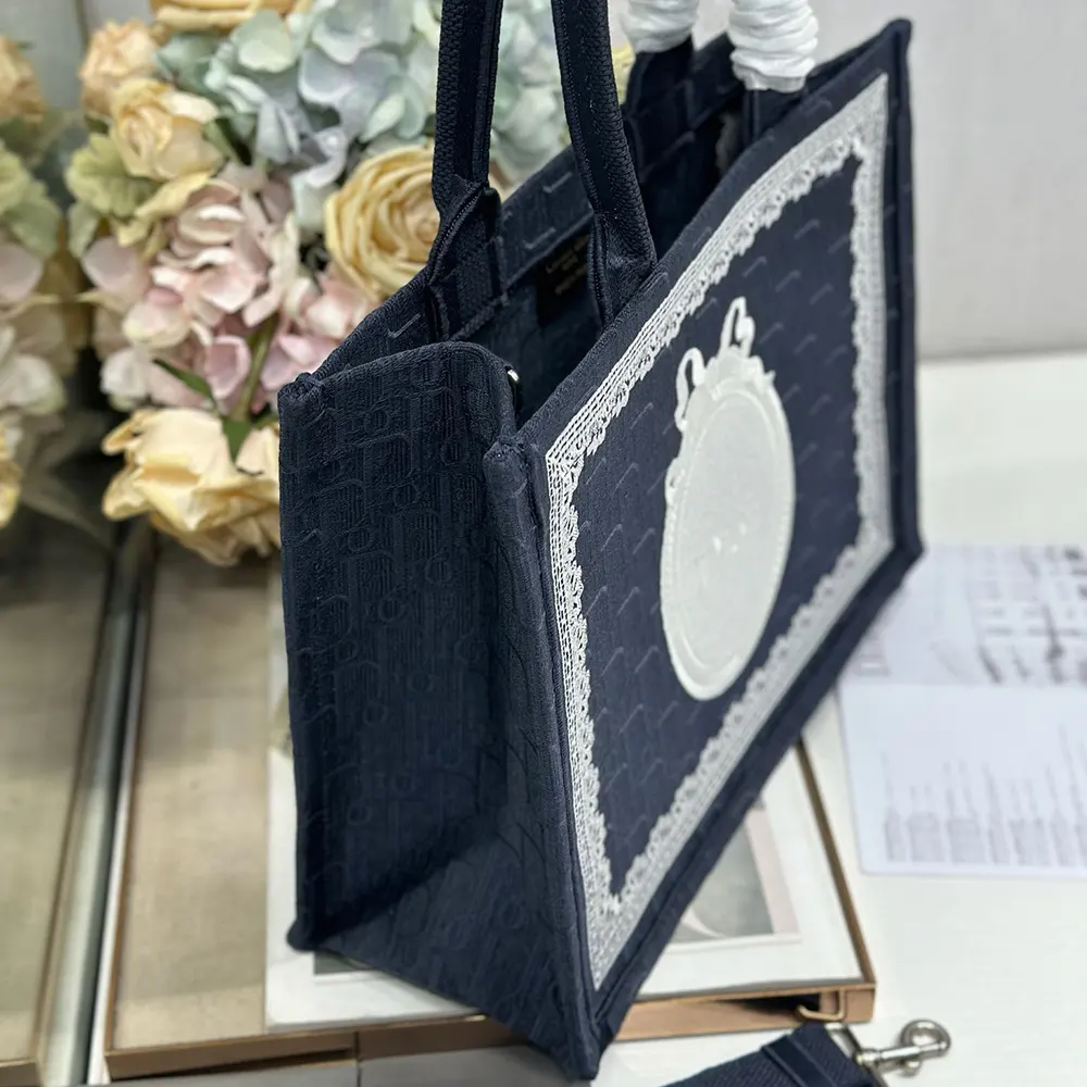 Dior Women Medium Dior Book Tote with Strap Celestial Blue Dior Oblique Embroidery with White Lace and Dior Médaillon - image 6