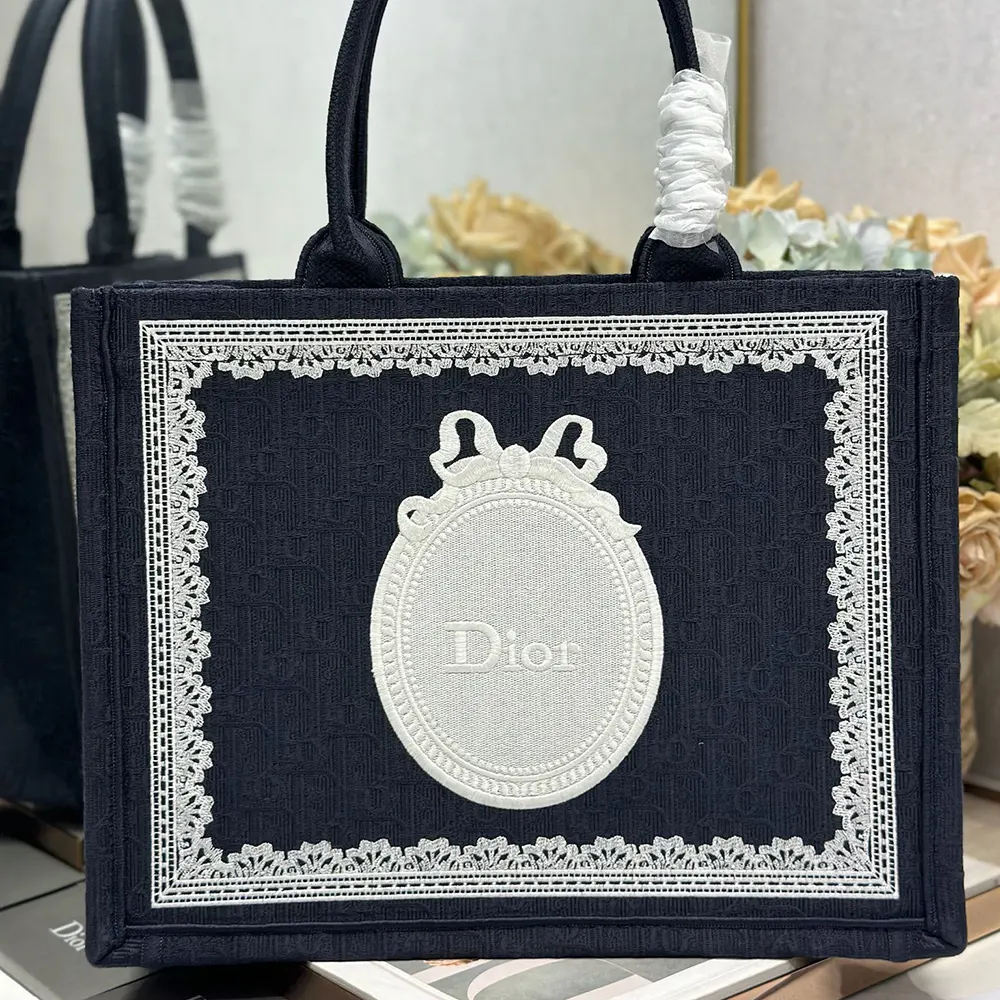 Dior Women Medium Dior Book Tote with Strap Celestial Blue Dior Oblique Embroidery with White Lace and Dior Médaillon - image 4