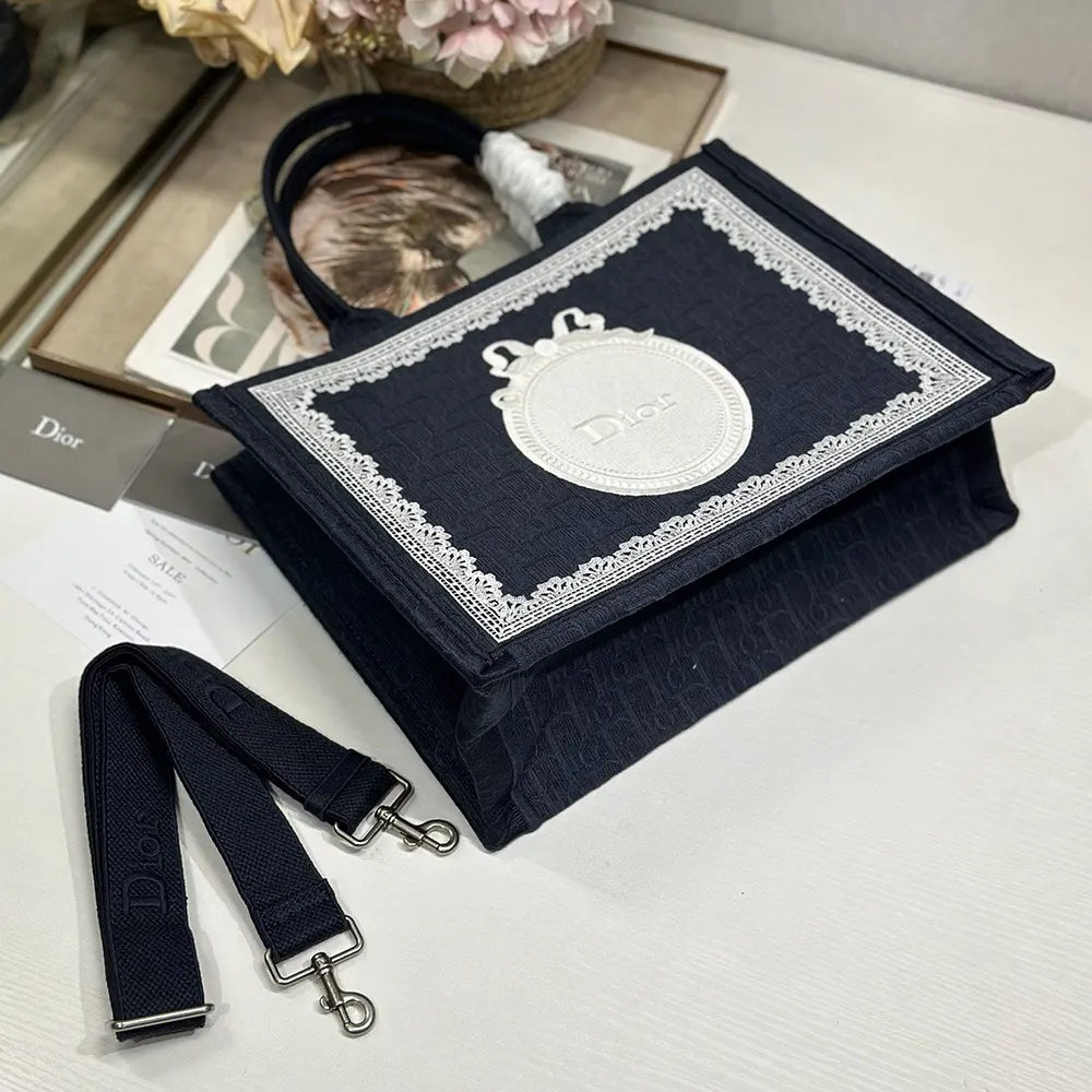 Dior Women Medium Dior Book Tote with Strap Celestial Blue Dior Oblique Embroidery with White Lace and Dior Médaillon - image 5
