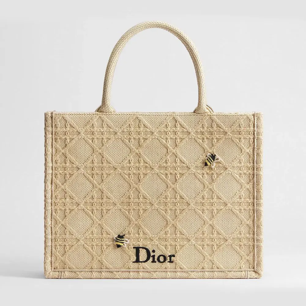Front angle of Dior Women Medium Dior Book Tote with Strap Natural Cannage Raffia-Effect Embroidery