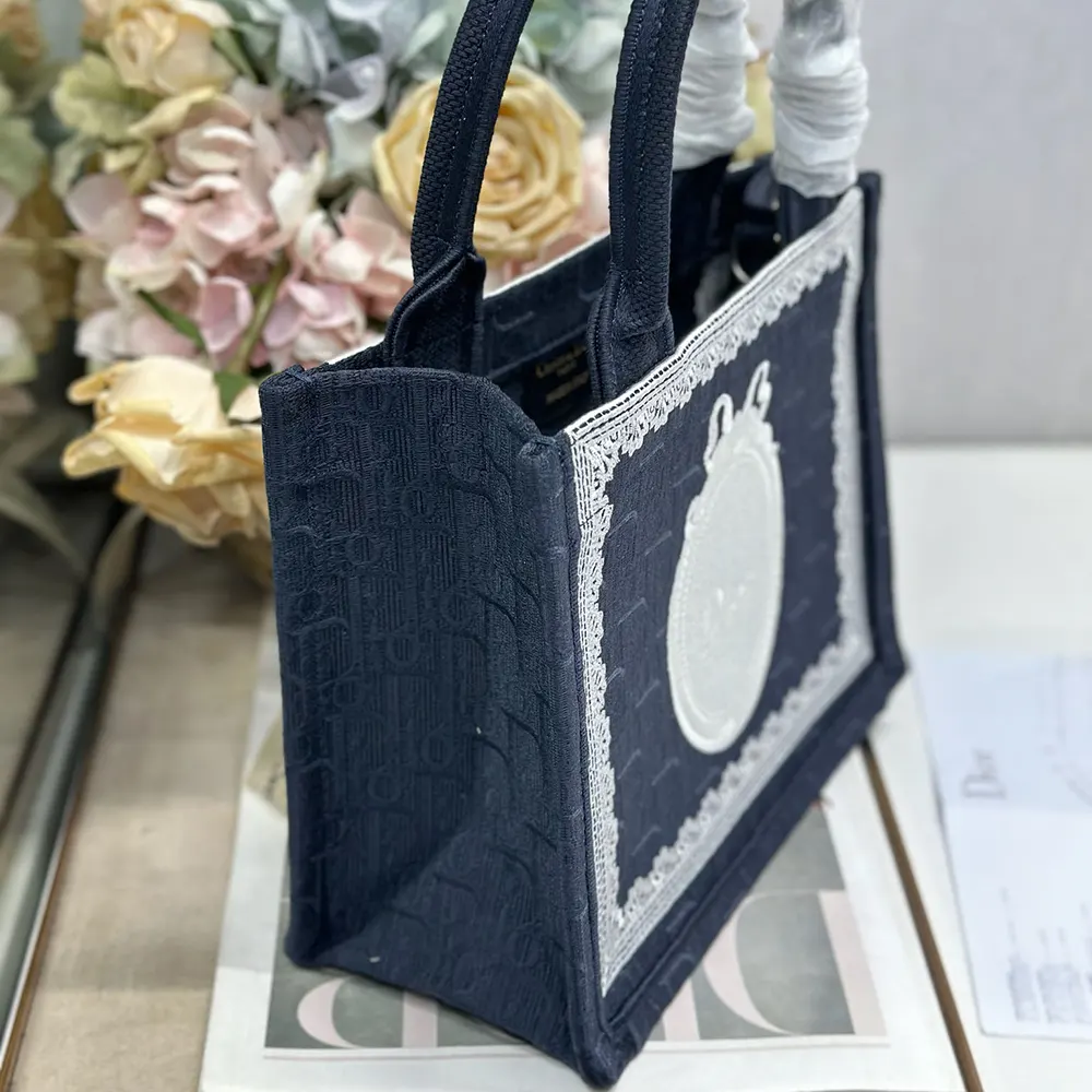 Dior Women Small Dior Book Tote with Strap Blue Dior Oblique Embroidery with White Lace and Dior Médaillon - image 5