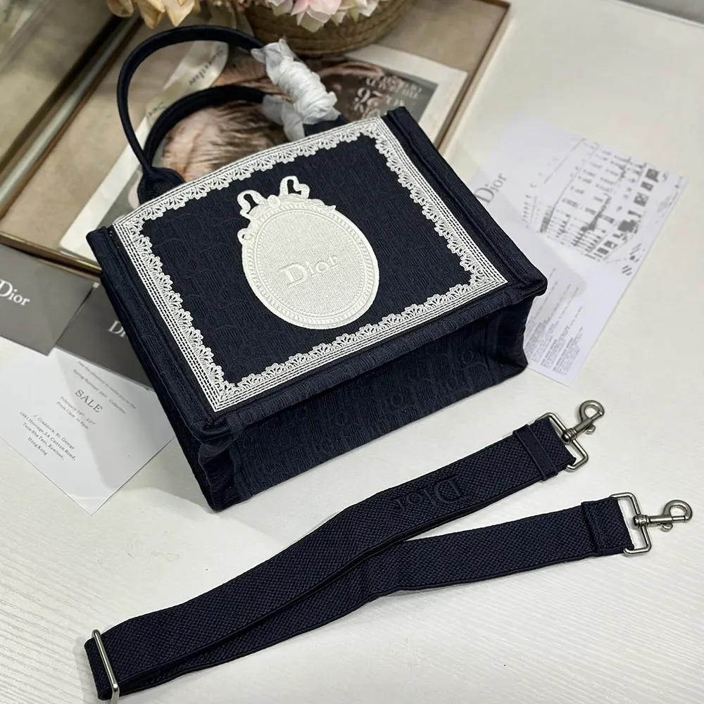 Dior Women Small Dior Book Tote with Strap Blue Dior Oblique Embroidery with White Lace and Dior Médaillon - image 4