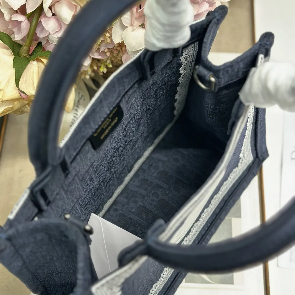 Dior Women Small Dior Book Tote with Strap Blue Dior Oblique Embroidery with White Lace and Dior Médaillon - image 8