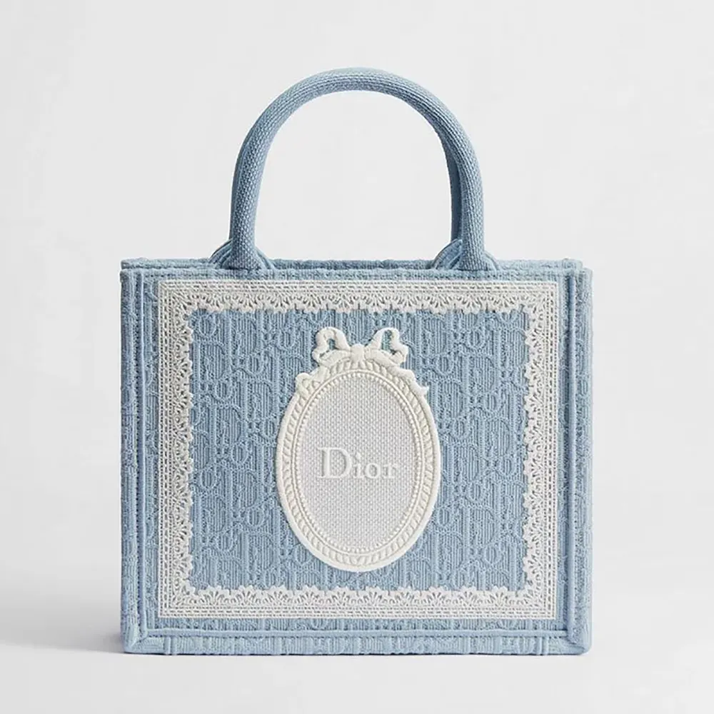 Front view of Dior Women Small Dior Book Tote with Celestial Blue embroidery