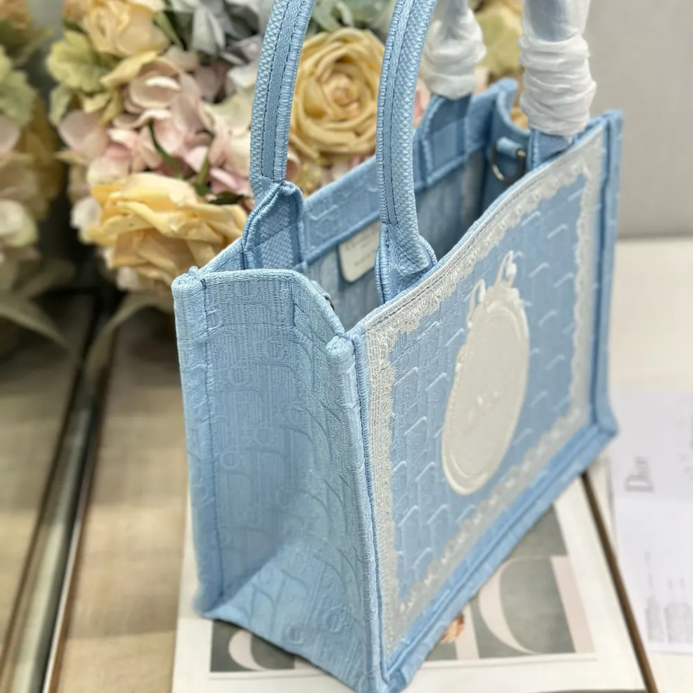 Dior Women Small Dior Book Tote with Strap Celestial Blue Dior Oblique Embroidery with White Lace and Dior Médaillon - image 5