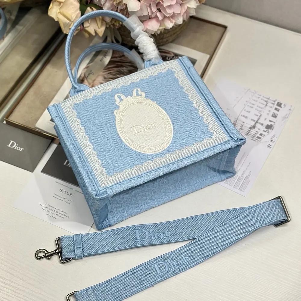 Dior Women Small Dior Book Tote with Strap Celestial Blue Dior Oblique Embroidery with White Lace and Dior Médaillon - image 4