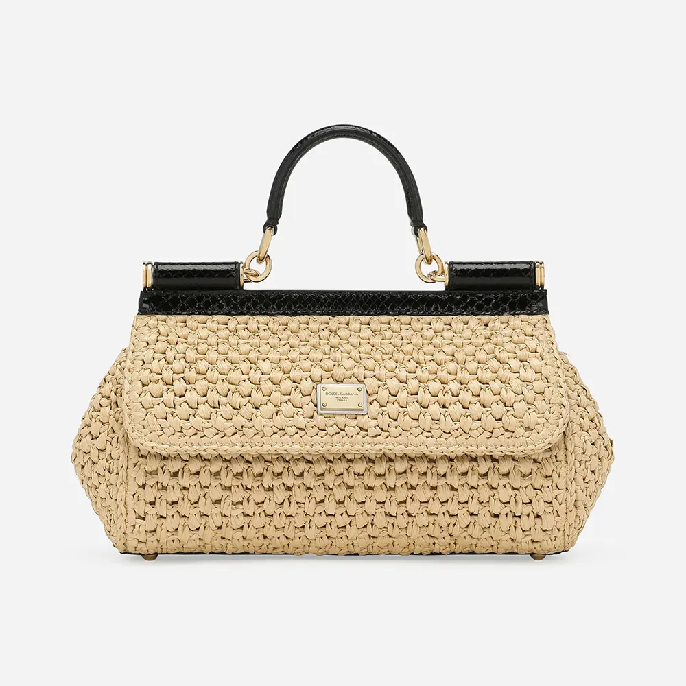Front angle of Dolce Gabbana D&G Women Elongated Medium Sicily Handbag in Crochet Raffia