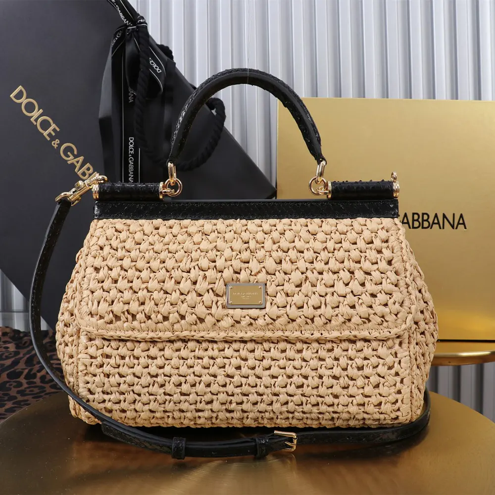 Close-up detail of crochet raffia and gold hardware on Dolce Gabbana D&G Sicily Handbag