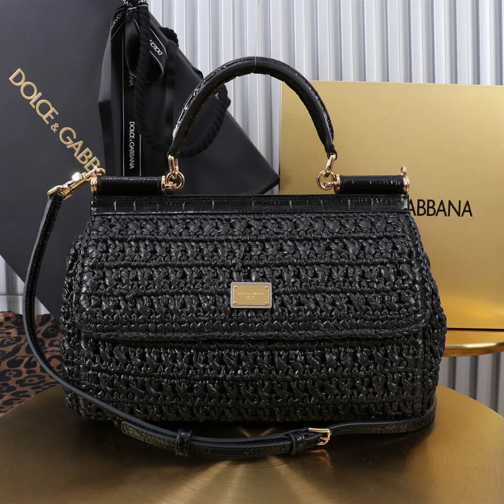 Close-up on gold hardware clasp of Dolce Gabbana D&G Women Elongated Sicily Handbag-Black