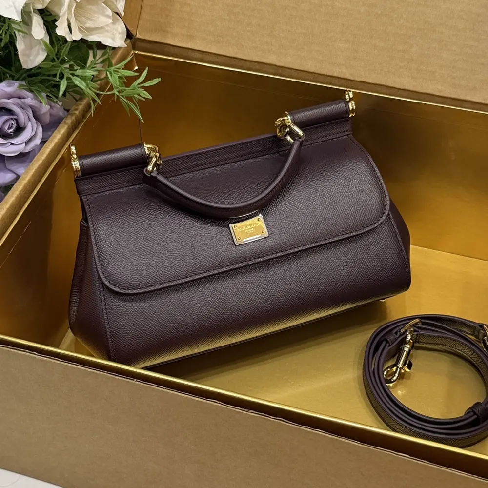 Close-up of gold-tone D&G hardware on Medium Sicily Handbag purple