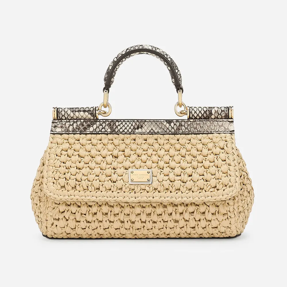 Front view of Dolce Gabbana D&G Women Mini Sicily Handbag in Crochet Raffia