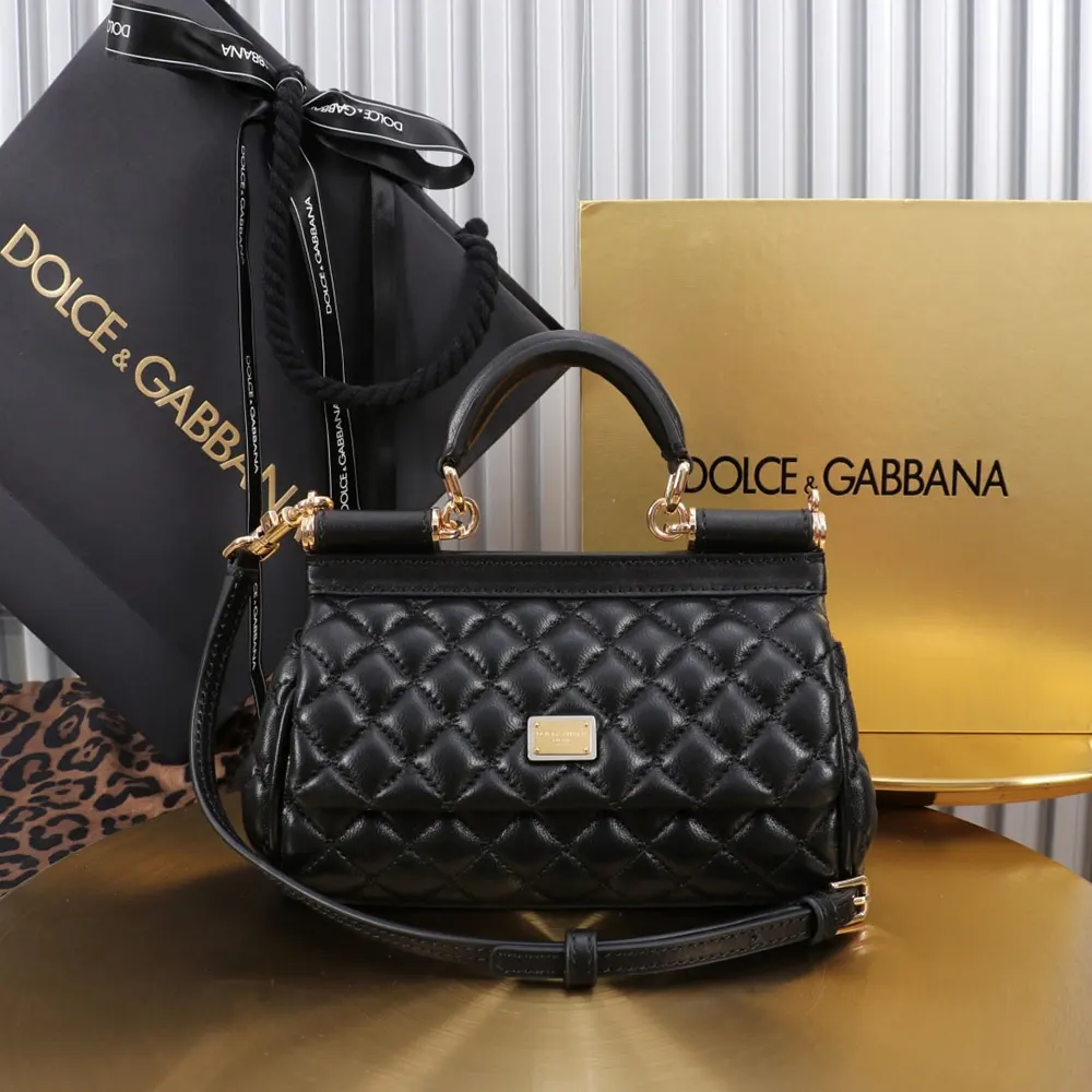 Close-up of quilted nappa leather and gold D&G hardware detail
