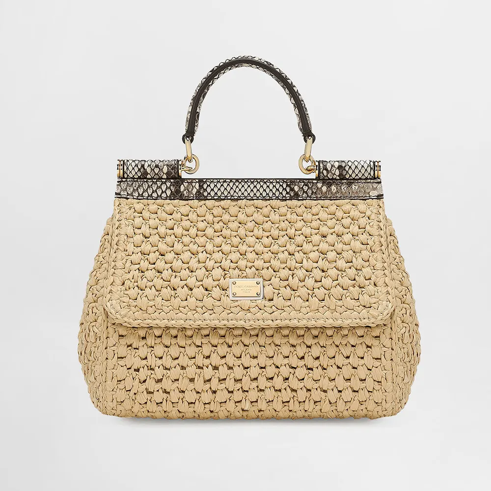 Front view of Dolce Gabbana D&G Women Small Sicily Handbag in beige crochet raffia