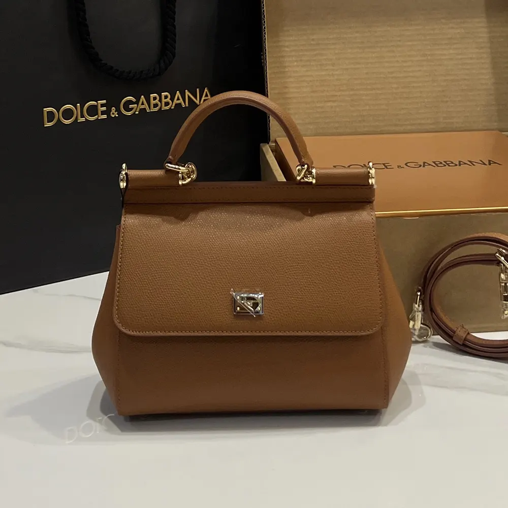 Side profile showing structured silhouette of brown D&G small Sicily handbag