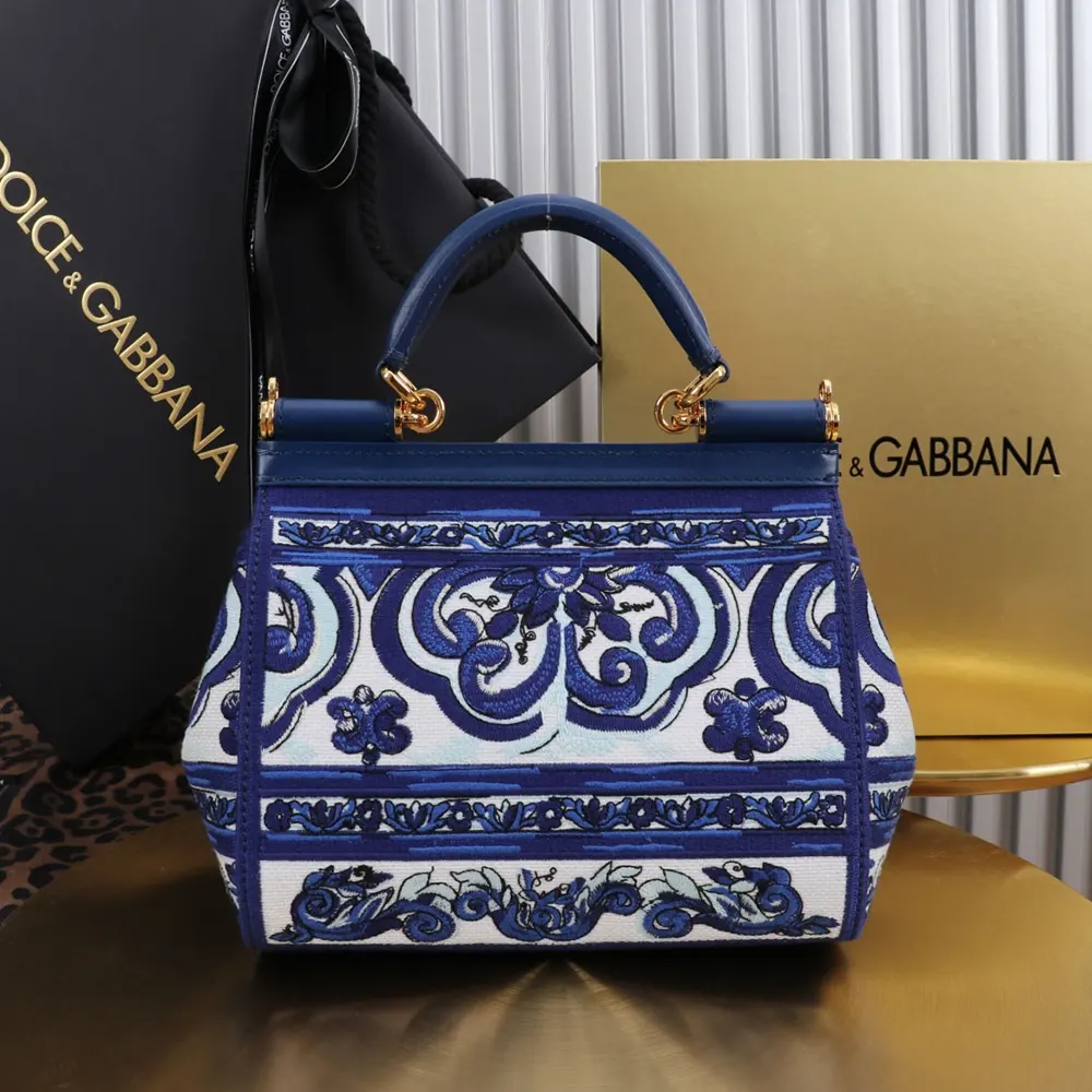 Side angle showing gold DG hardware on Small Sicily Handbag with embroidery