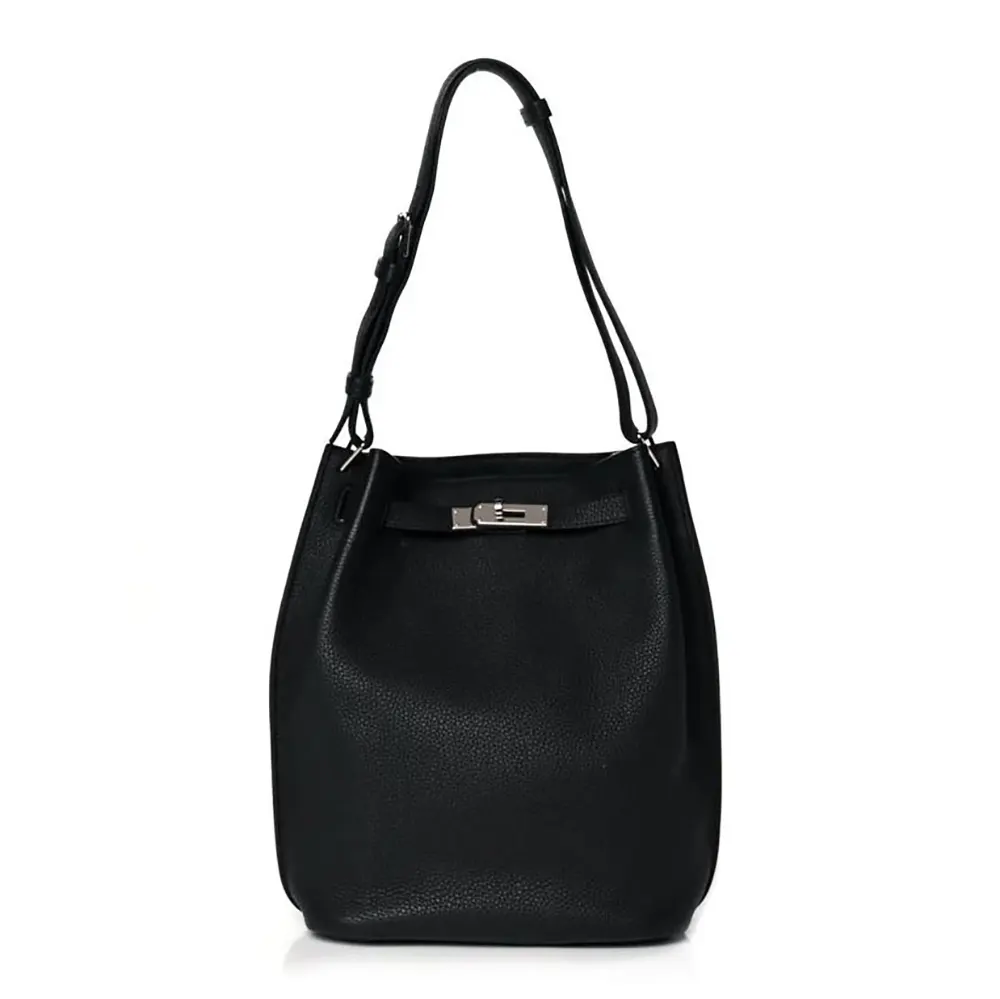 Front angle view of Hermes Unisex Togo So Kelly 22 Palladium Hardware-Black