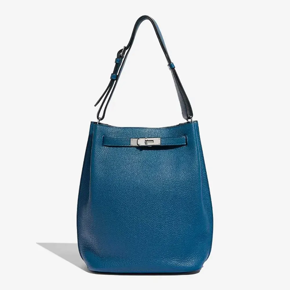 Front view of Hermes Unisex Togo So Kelly 22 Palladium Hardware-Blue bag