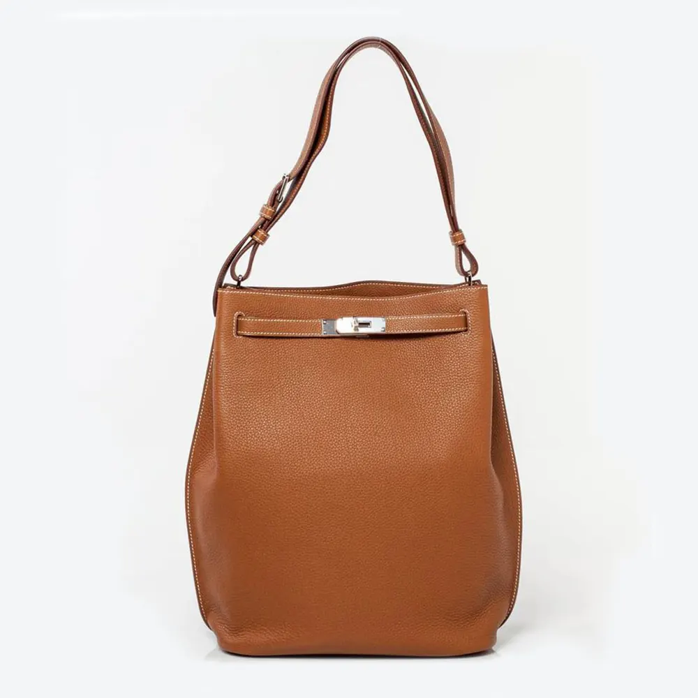 Front view of Hermes Unisex Togo So Kelly 22 Palladium Hardware-Brown