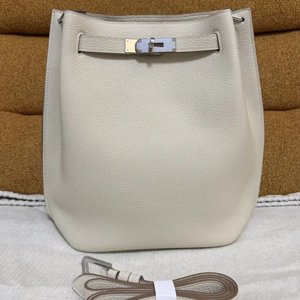 Close-up of palladium hardware on Hermes Unisex Togo So Kelly 22 White bag