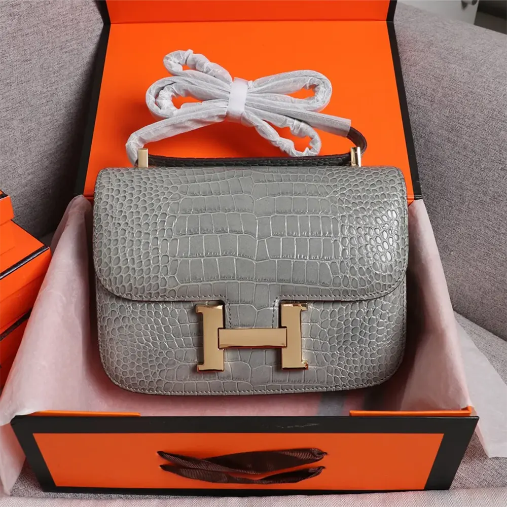 Close-up of silver H clasp on Hermes Constance 18 shoulder bag