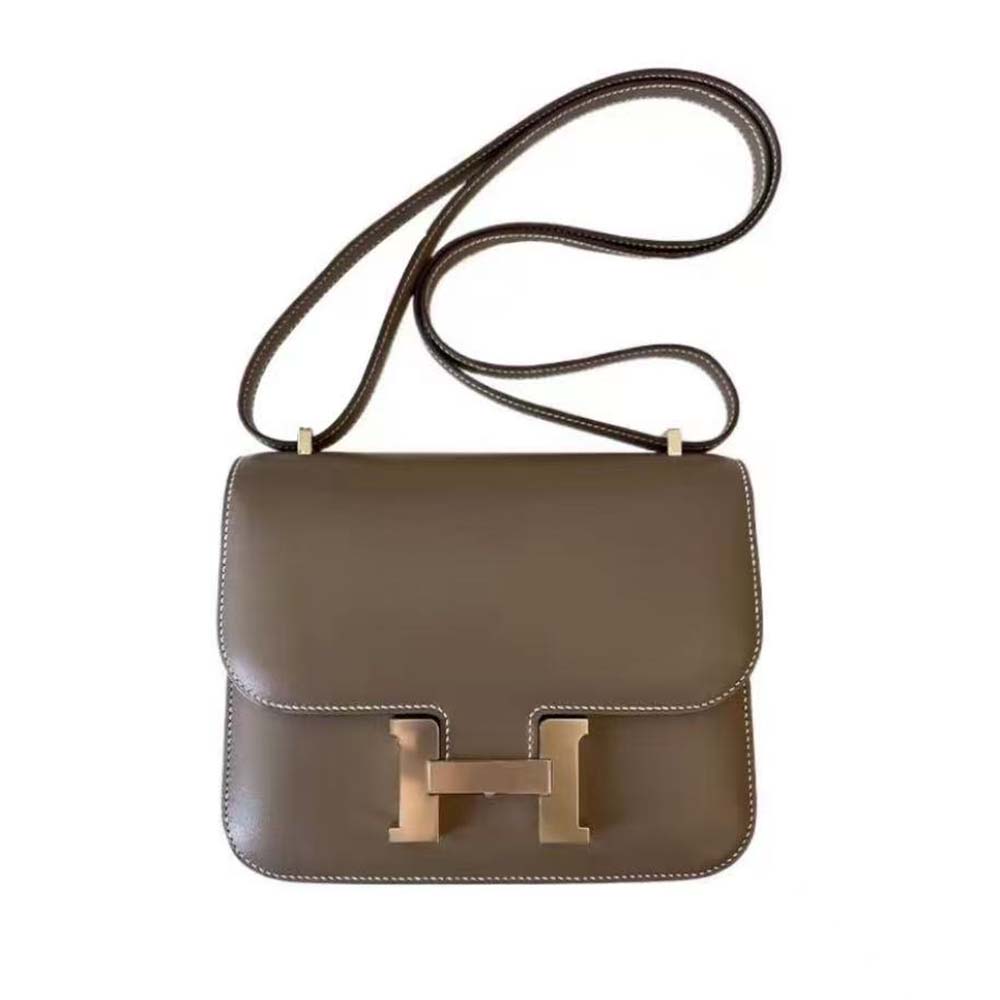 Front view of Hermes Women Constance 19 Bag Box Calf Leather-Grey/Gold