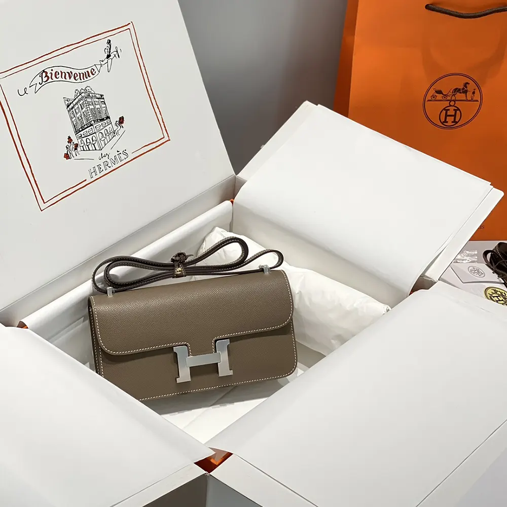Close-up of silver H clasp on Hermes Women Constance Elan Epsom Silver-Gray
