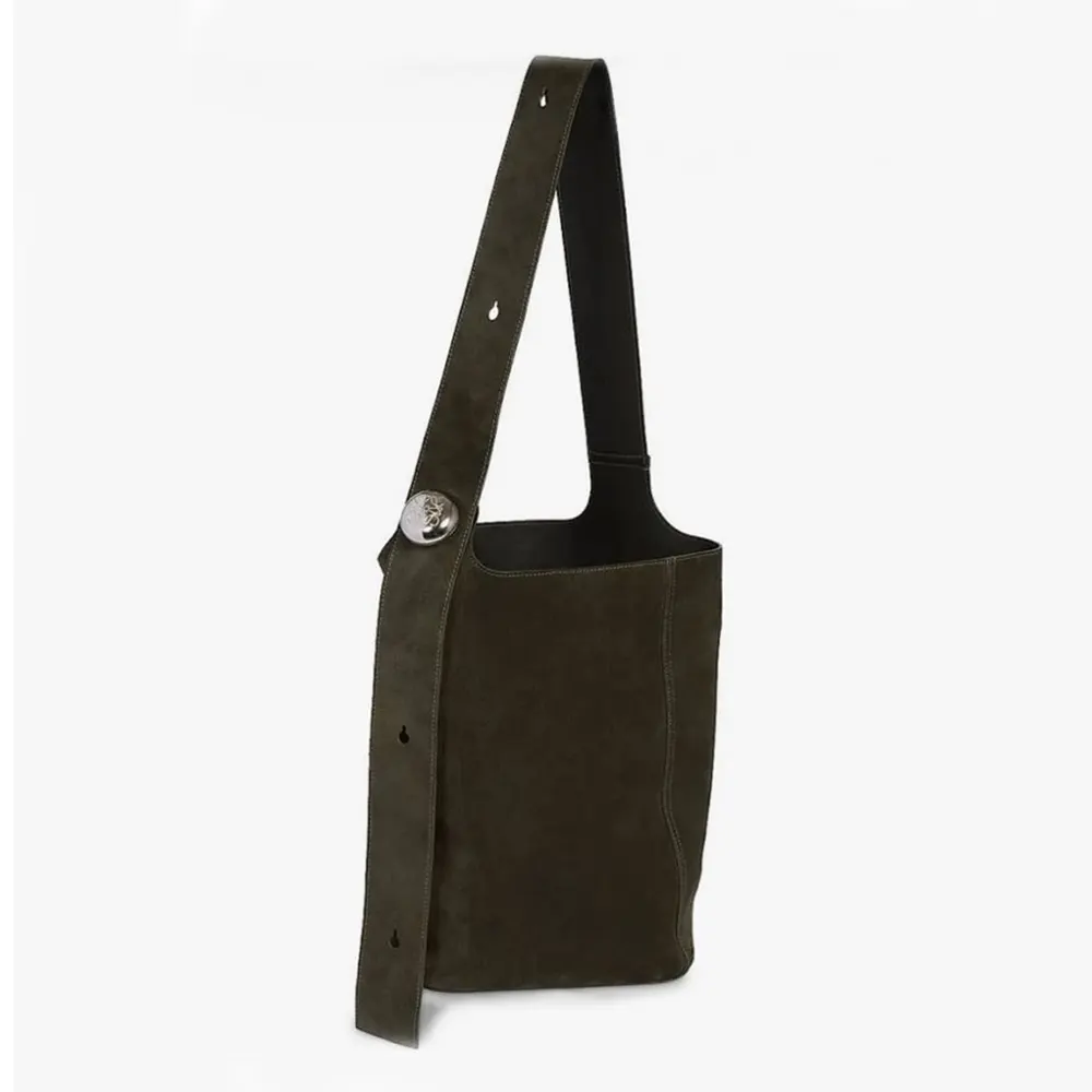 Front view of Loewe Unisex Large Pebble Bucket Bag in Dark Green suede