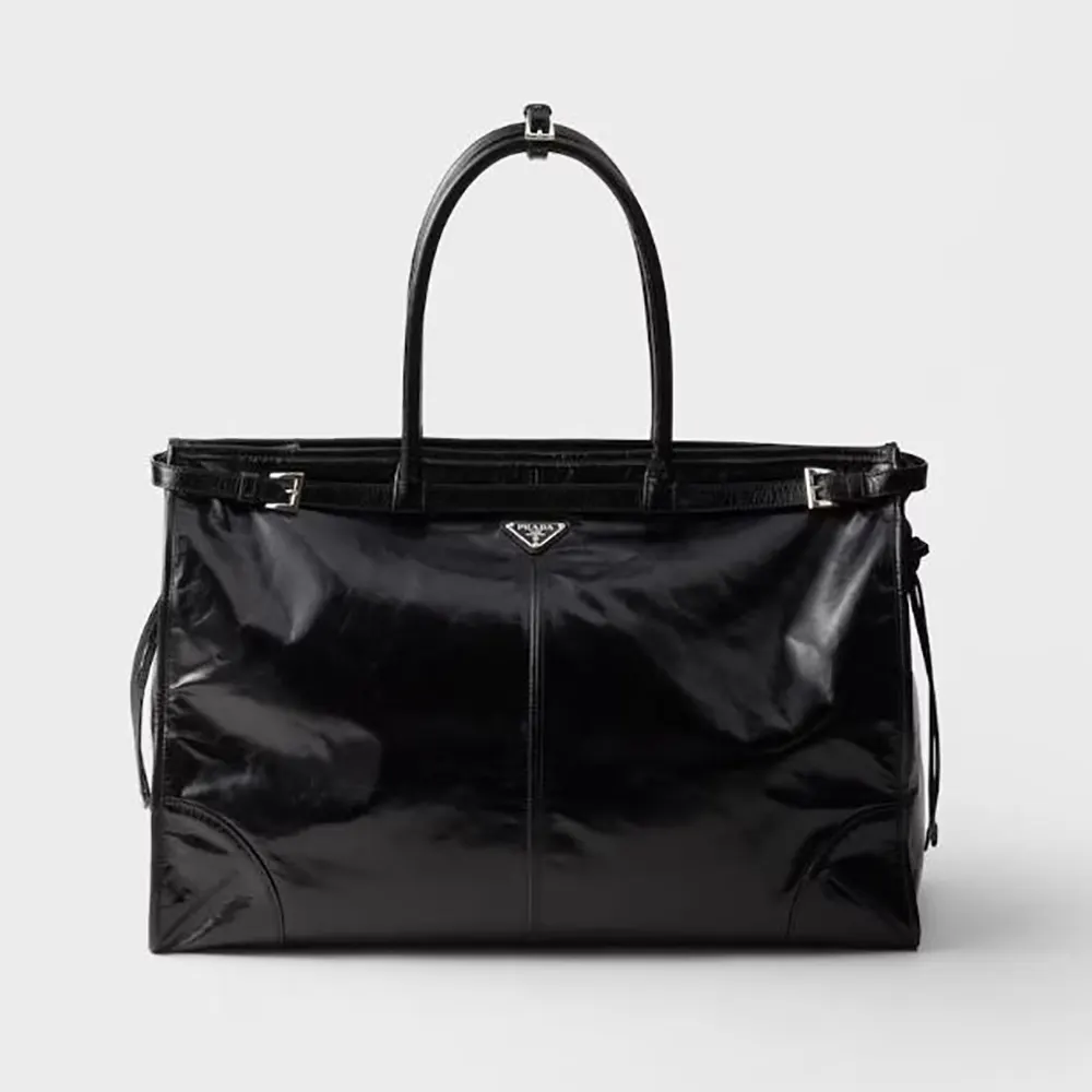 Front view of Prada Unisex Bonnie Leather Tote Bag in black leather