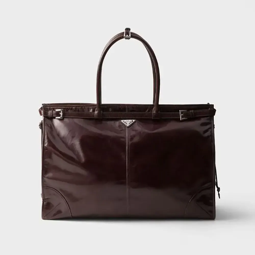 Front view of Prada Unisex Bonnie Leather Tote Bag-Dark Brown