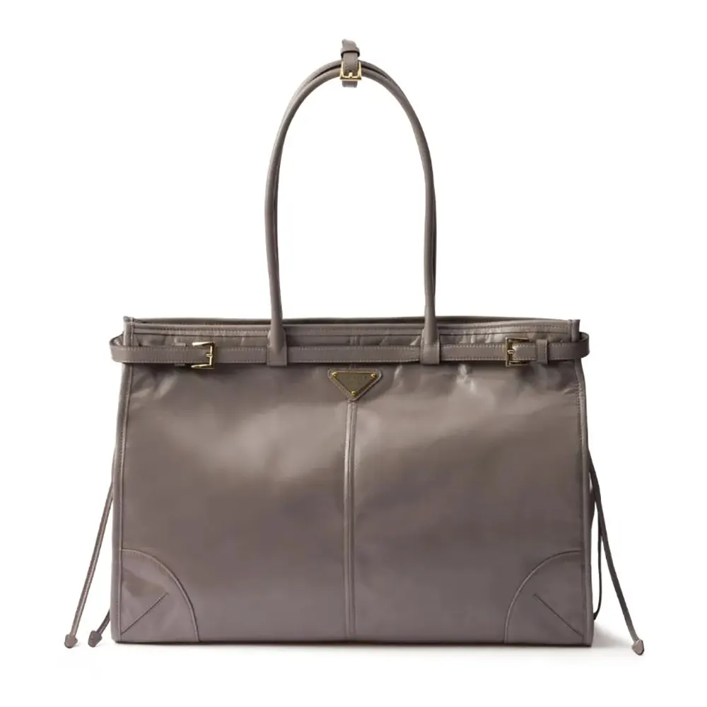 Front angle view of Prada Unisex Bonnie Leather Tote Bag-Clay in gray leather