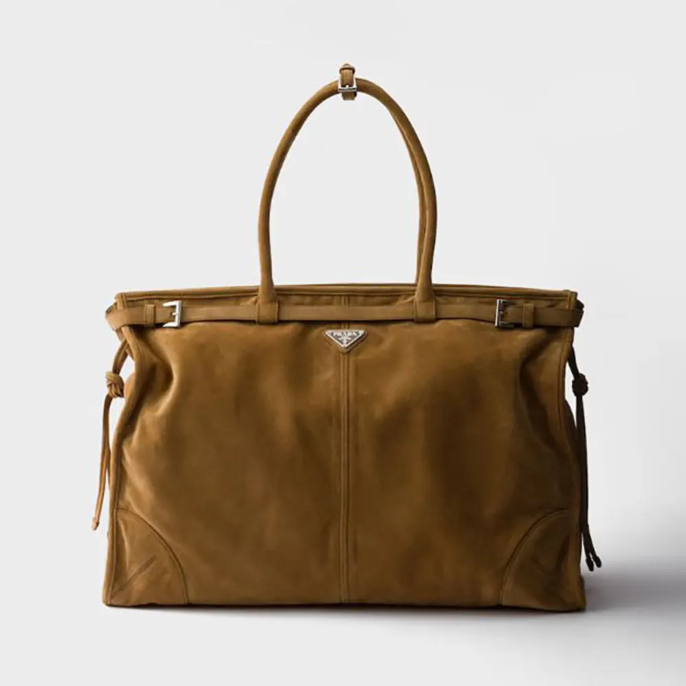 Front view of Prada Unisex Bonnie Suede Tote Bag-Cinnamon in rich brown suede
