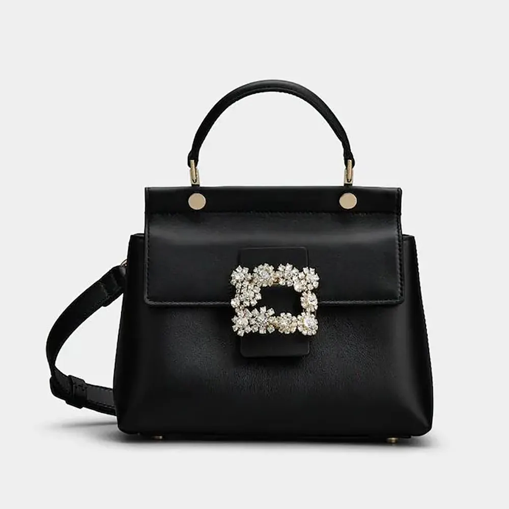 Front view of Roger Vivier Women Cabas Efflorescence Mini Bag in Leather-Black