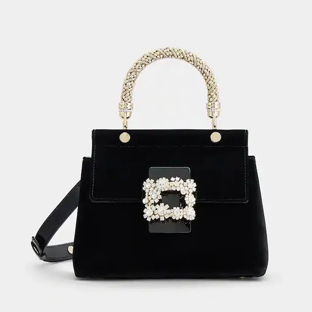 Front view of Roger Vivier Women Cabas Jewel Efflorescence Mini Bag in Velvet-Black