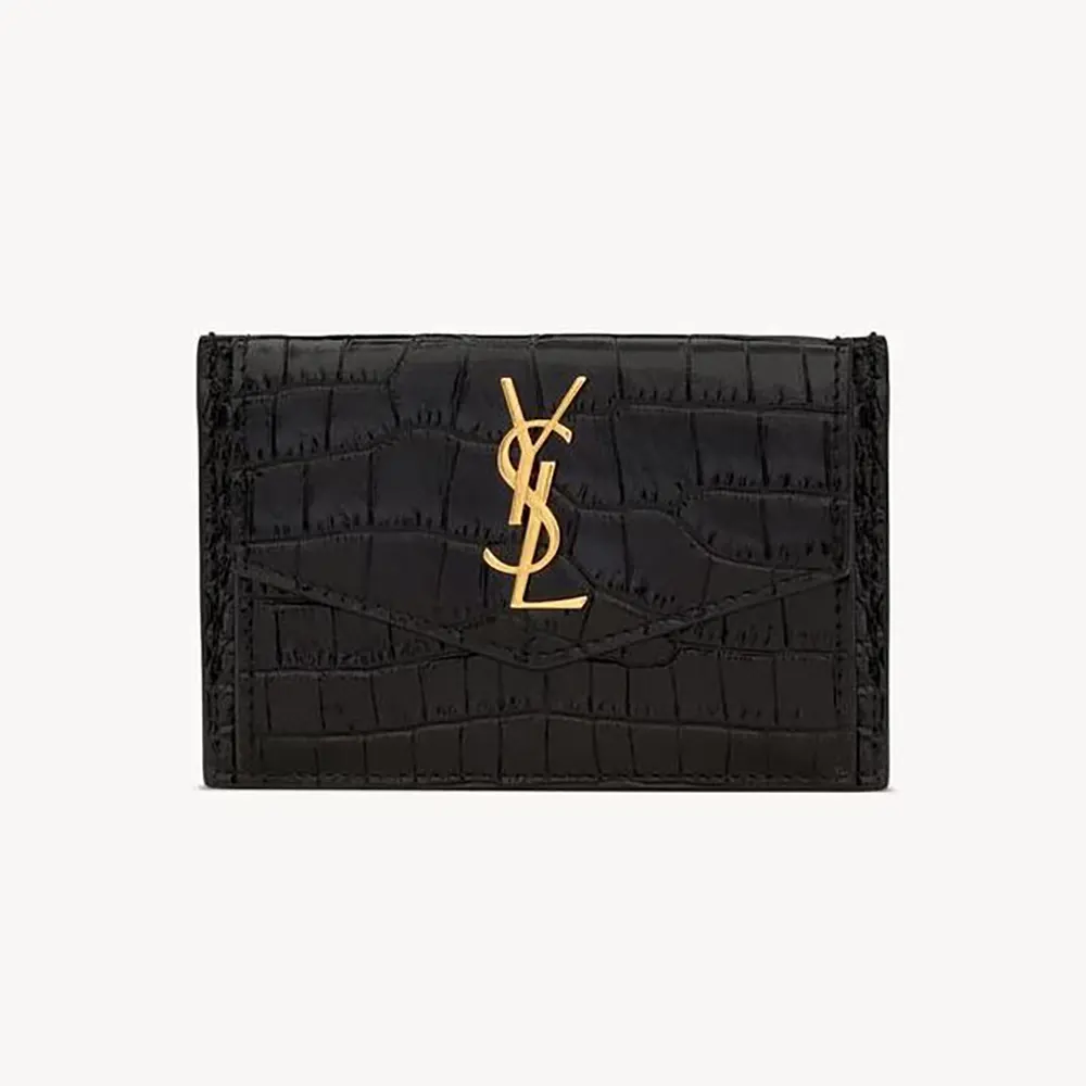 Front view of Saint Laurent YSL Women Uptown Flap Card Case in black crocodile leather