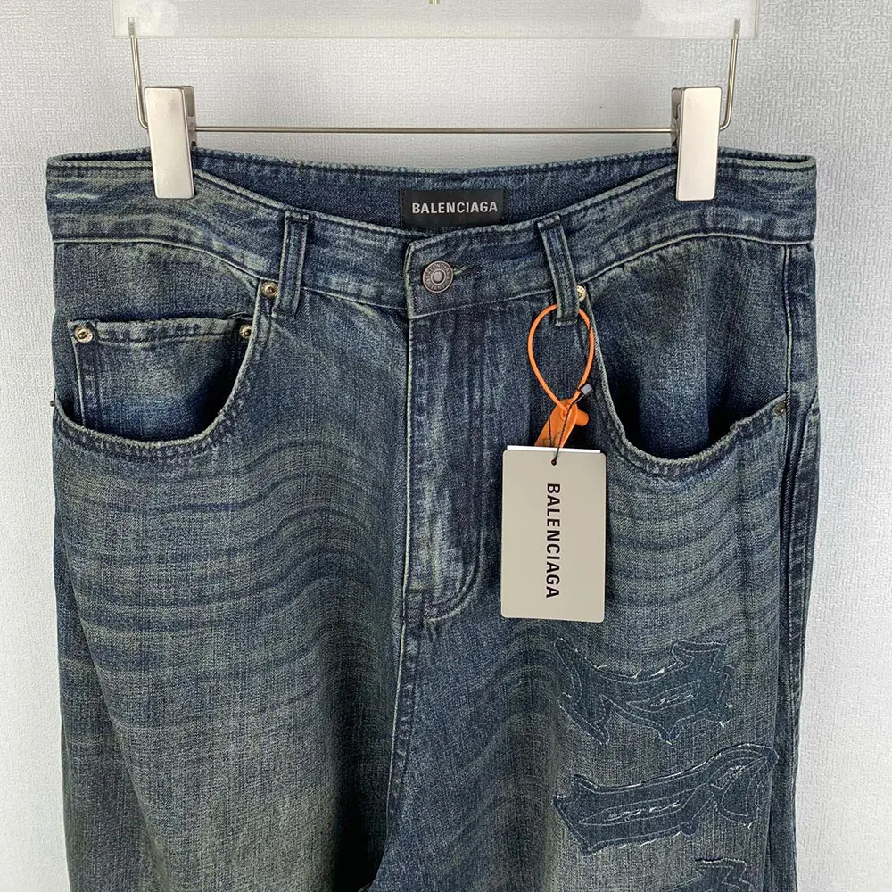 Balenciaga Women Minimal Baggy Pants In Dirty Grey And Light Blue Cotton Denim - image 4