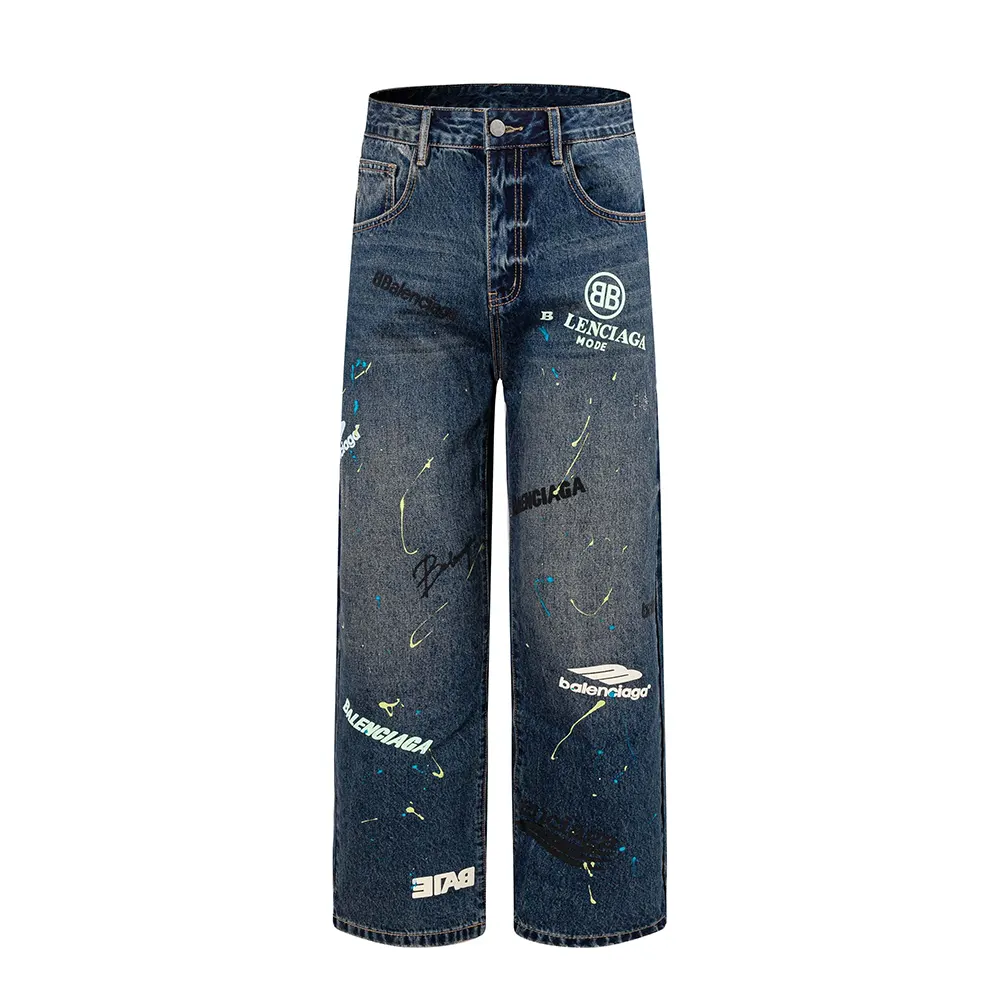 Front view of Balenciaga Women Tattoo Baggy Pants in dark grey cotton denim