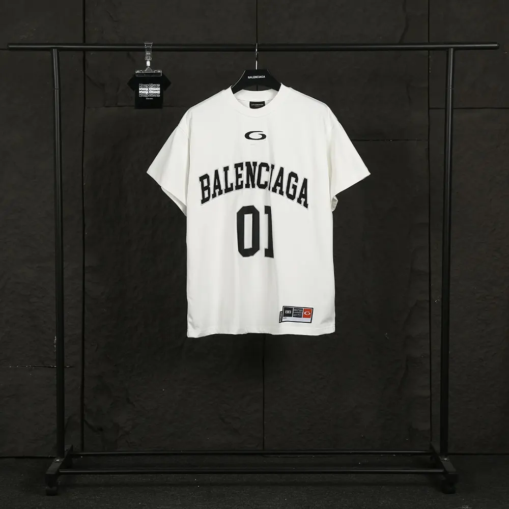 Close-up of embroidered logo on Balenciaga Men Basketball Series t-shirt