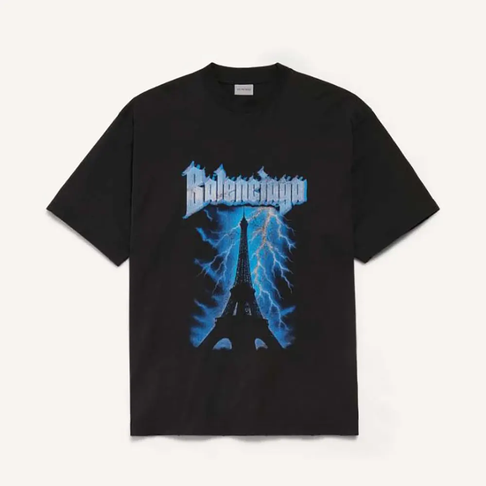 Front view of Balenciaga Men Paris Thunderstorm Oversized T-Shirt in black dry jersey
