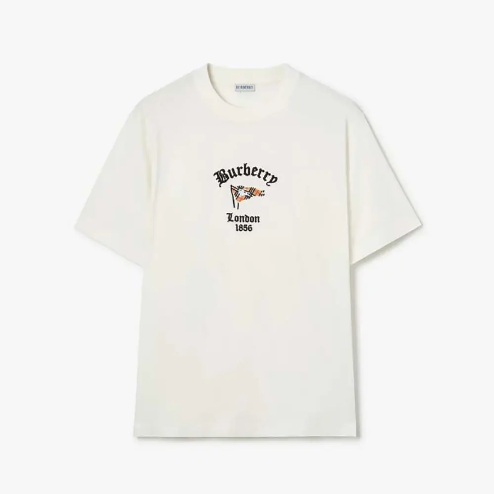 Front view of Burberry Men Check Flag Cotton T-shirt-White