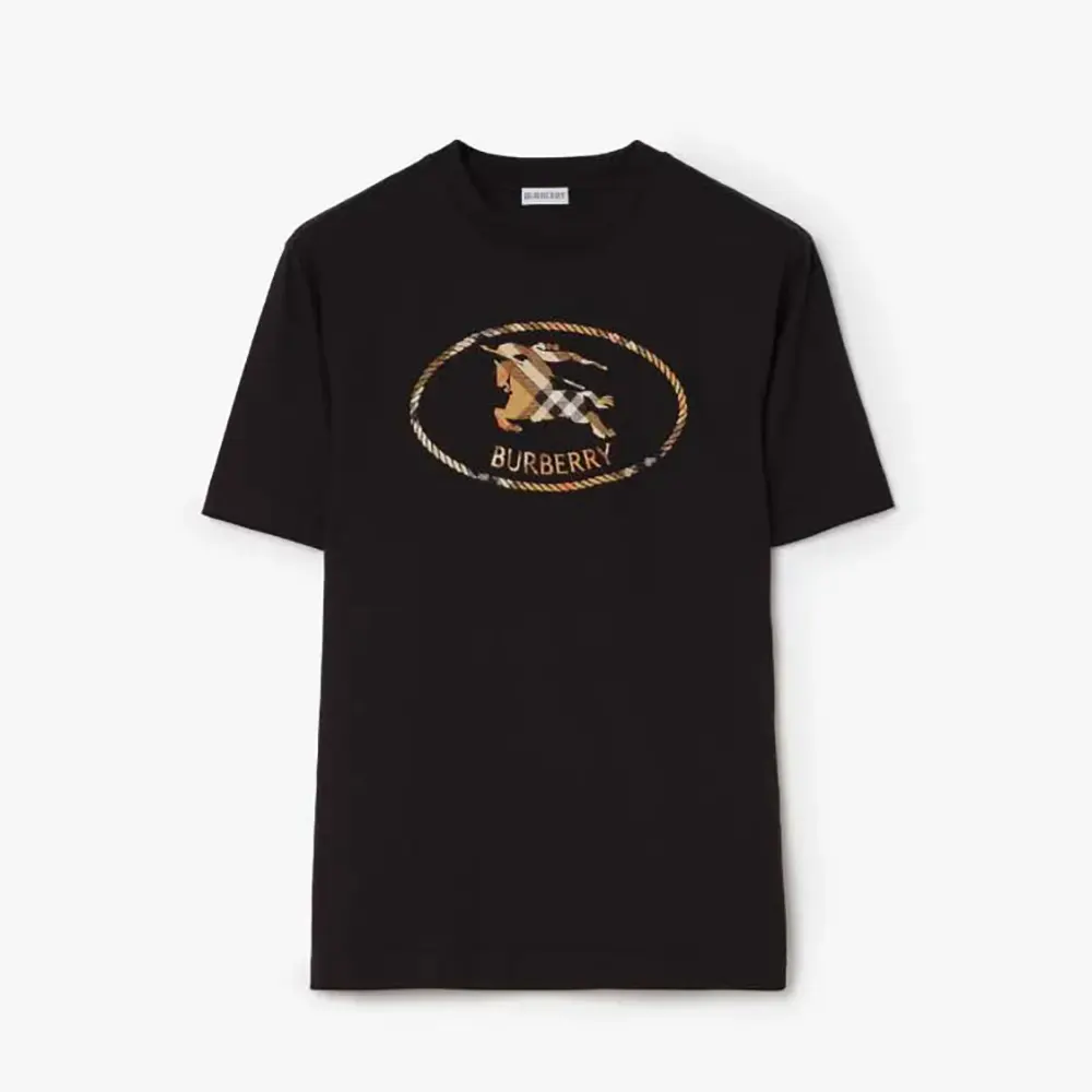 Front view of Burberry Women Check Knight Stamp Cotton T-shirt-Black showing logo