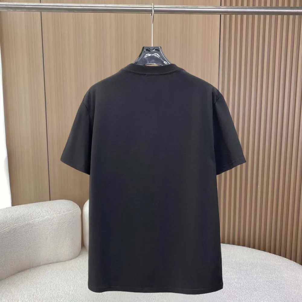 Side angle of Burberry Women Check Knight Stamp Cotton T-shirt-Black highlighting fit
