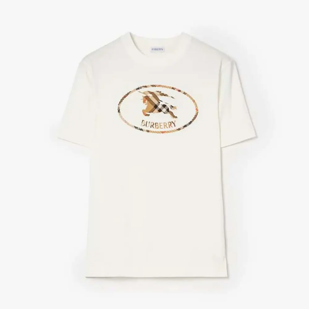 Front view of Burberry Women Check Knight Stamp Cotton T-shirt-White