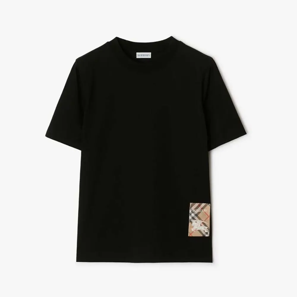Front view of Burberry Women Check Label Cotton T-shirt-Black on mannequin