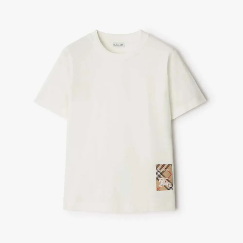 Front view of Burberry Women Check Label Cotton T-shirt-White