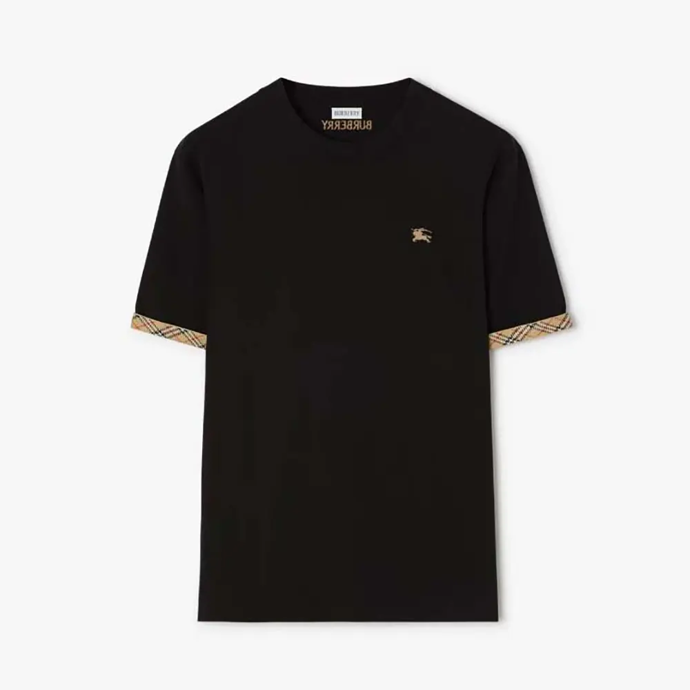 Front view of Burberry Women Check Trim Cotton T-shirt-Black showing check trim