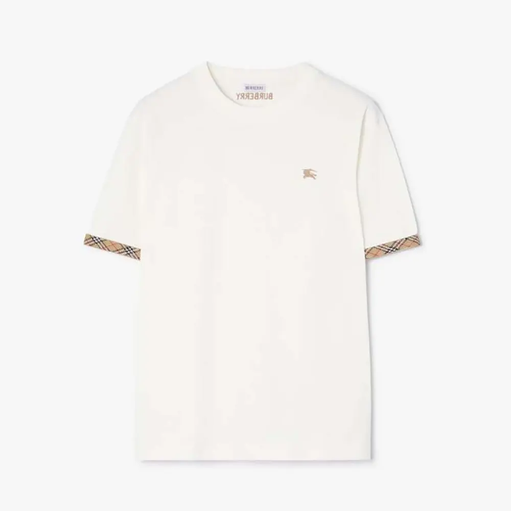 Front view of Burberry Women Check Trim Cotton T-shirt-White showing check sleeve detail