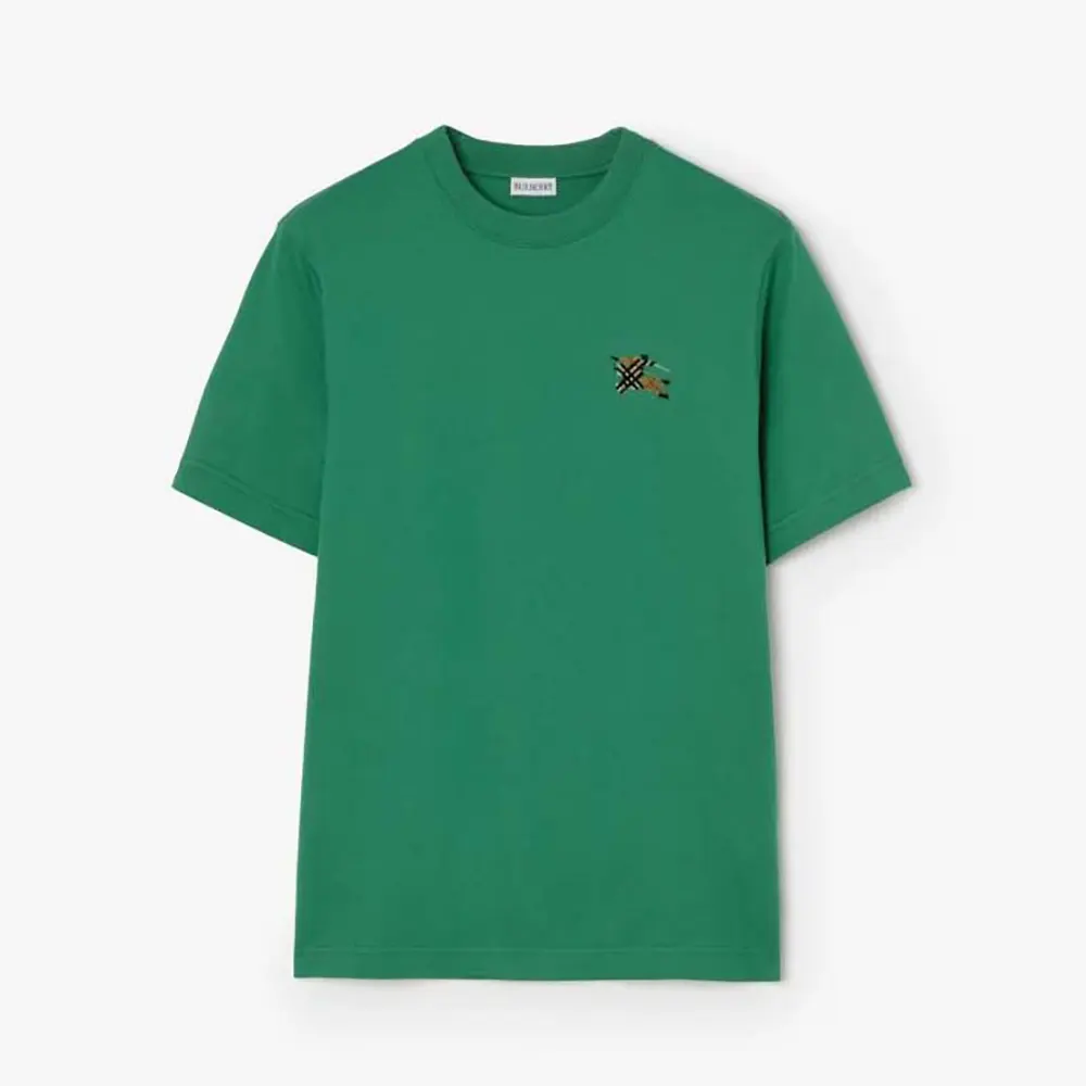 Front view of Burberry Women Knight Cotton T-shirt-Green showcasing emblem